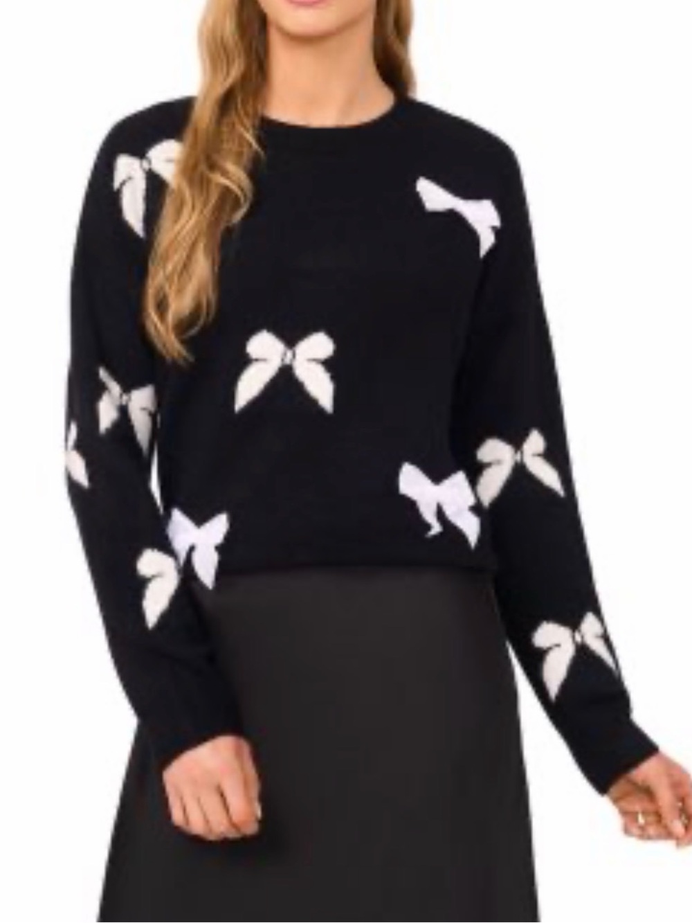 CeCe Black Crewneck Sweater White Bow Appliqués Oversized XS Stretch Preppy